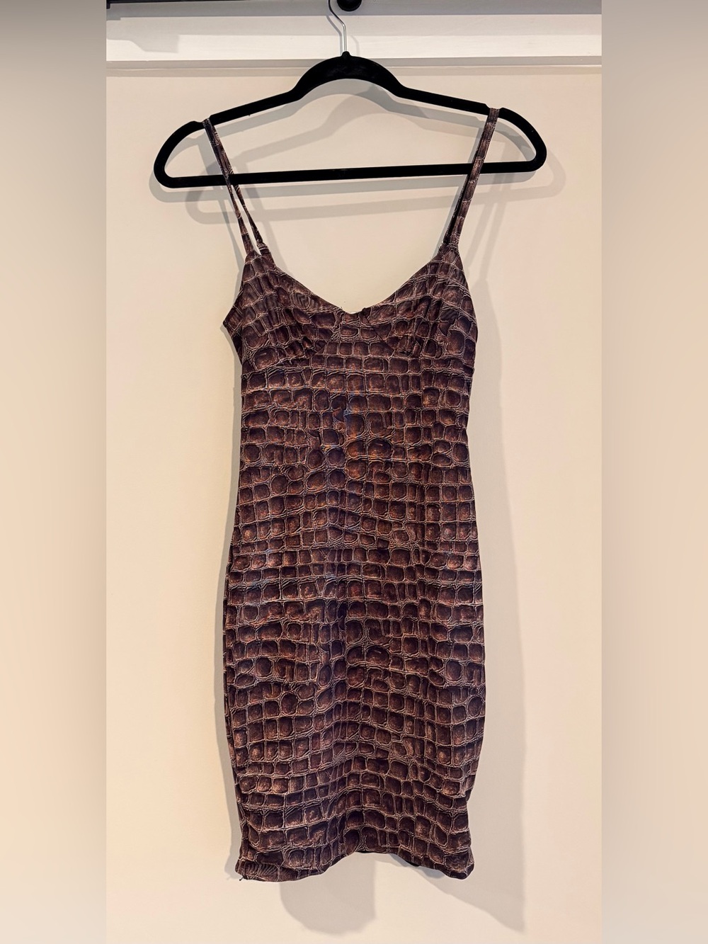 Croc-Texture Brown Slip Dress with Spaghetti Straps
